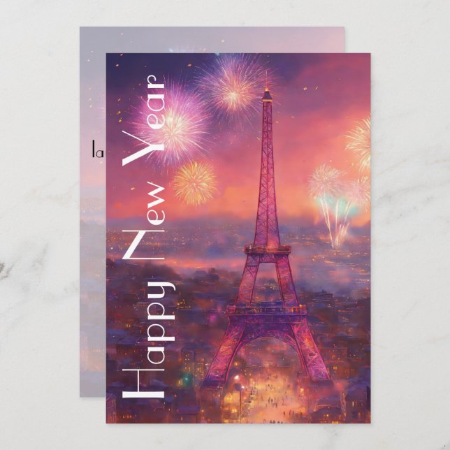 Romantic Paris Skyline New Year Wishes Holiday Card (Front/Back)