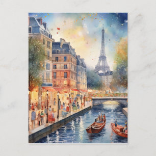 Romantic Paris Street Scene With Eiffle Tower Art Postcard