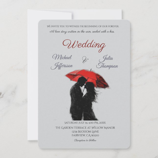  Romantic Parisian Red Umbrella  Love Silhouette Invitation (Front)