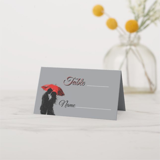  Romantic Parisian Red Umbrella  Love Silhouette Place Card (Front)