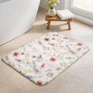 Romantic Pastel Australian Watercolor Wildflowers Bath Mat