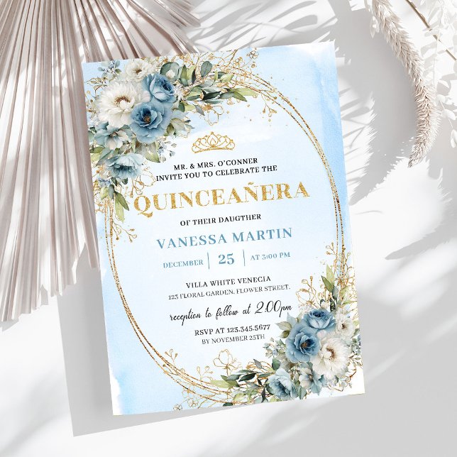 Romantic Pastel Blue Gold Eucalyptus Quinceañera   Invitation (Romantic Pastel Blue Gold Eucalyptus Quinceañera Invite

)