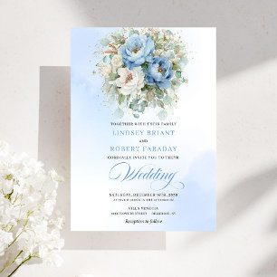 Romantic Pastel Blue Peony Eucalyptus Gold Wedding Invitation