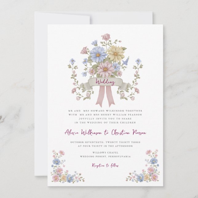 Romantic Pastel Floral all in one wedding qr code  Invitation (Front)