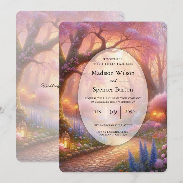 Romantic Pastel Garden Path Lantern Wedding Invitation (Front/Back)