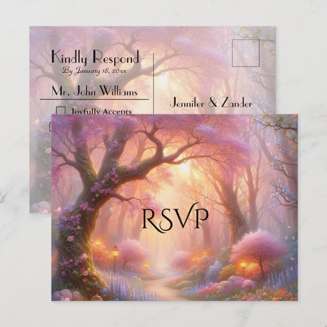 Romantic Pastel Garden Path Lantern Wedding RSVP Invitation Postcard (Front/Back)