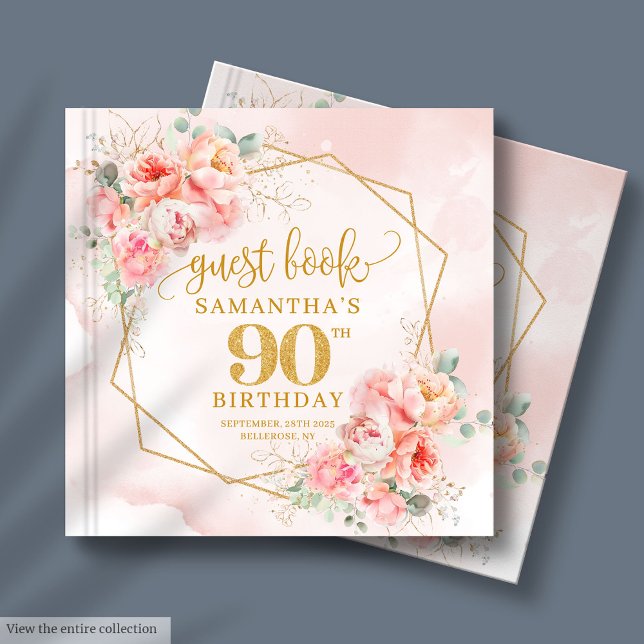Romantic Pastel Pink Gold Peonies 90th Birthday  Guest Book (Romantic Pastel Pink Gold Peonies 90th Birthday Guest Book)