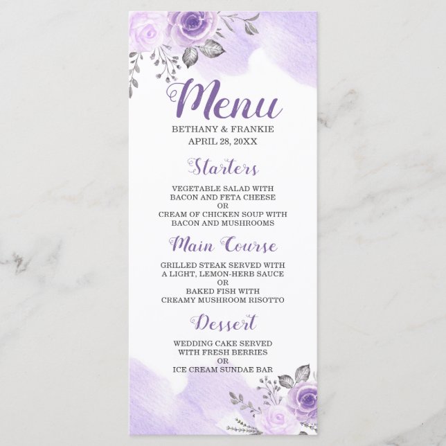 Romantic Pastel Purple Floral Chic Wedding Menu (Front)