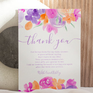 Romantic pastel purple orange floral baby shower thank you card