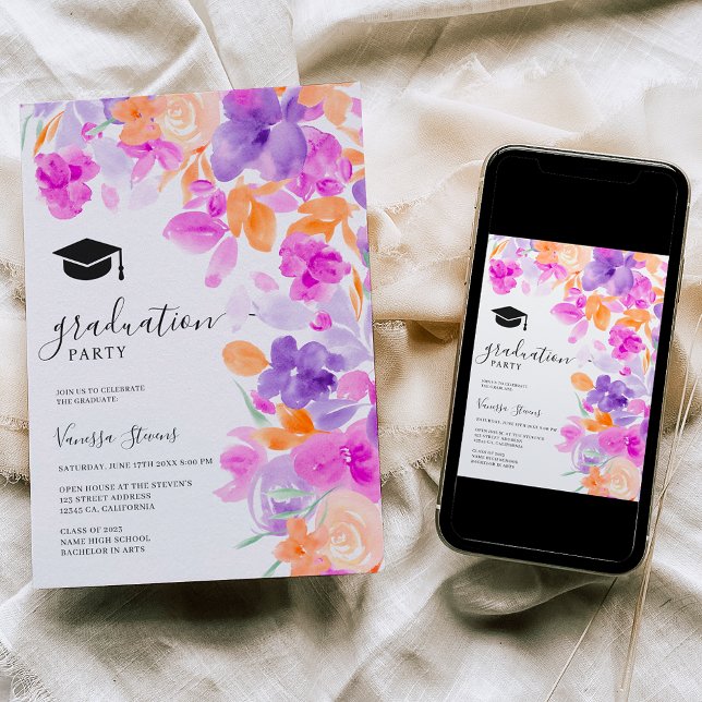 Romantic pastel purple orange floral graduation invitation (Creator Uploaded)