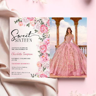 Romantic Pastel Roses Floral Sweet 16 Photo Invitation