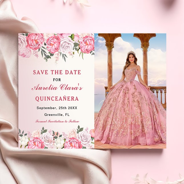 Romantic Pastel Roses Floral Sweet 16 Photo Save The Date (Creator Uploaded)