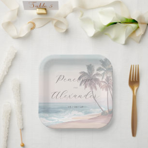 Romantic Pastel Watercolor Beach Scene Paper Plate