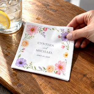 Romantic Pastel Watercolor Floral Border Wedding Napkin