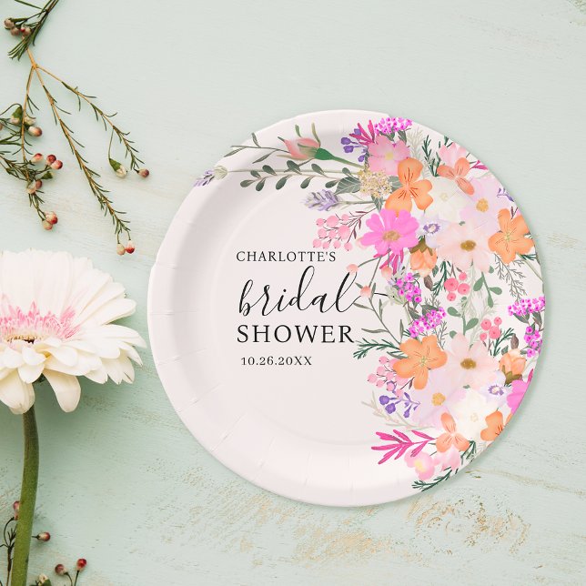 Romantic pastel wild flowers spring bridal shower paper plate (Romantic pastel wild flowers spring bridal shower paper plates)