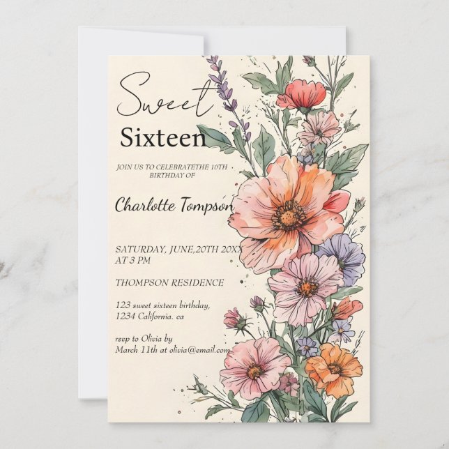 Romantic pastel wild flowers spring sweet 16 invit invitation (Front)
