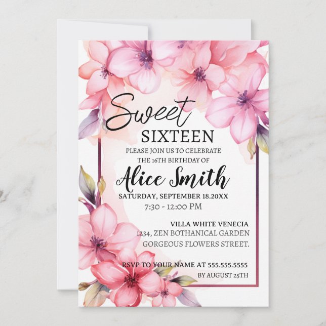 Romantic pastel wild flowers spring sweet 16  invitation (Front)