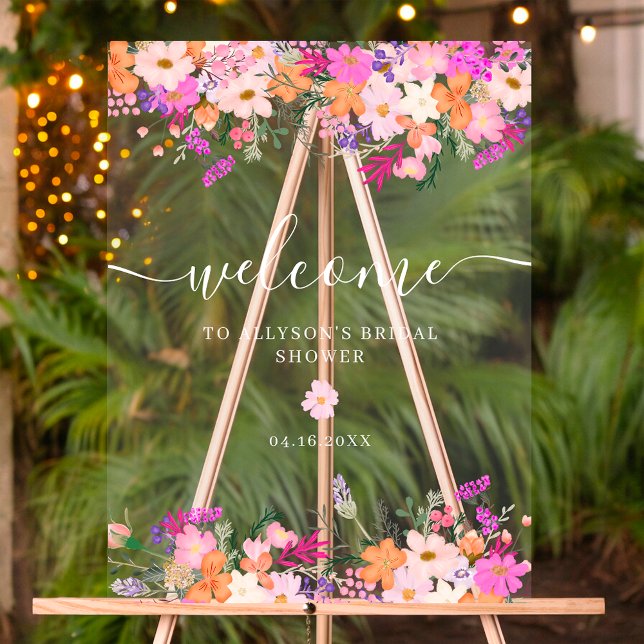Romantic pastel wild flowers spring welcome acrylic sign (Romantic pastel wild flowers spring welcome acrylic sign)