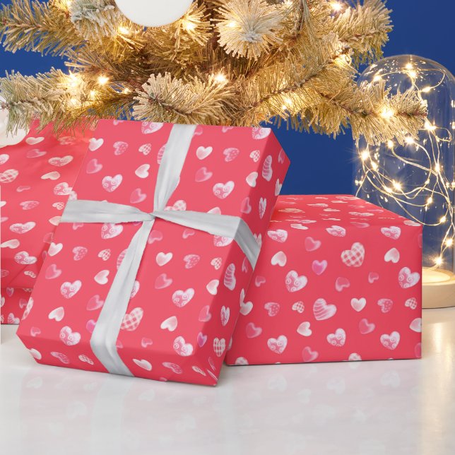 Romantic Pattern Of White Hearts On Coral Red Wrapping Paper (Holidays)
