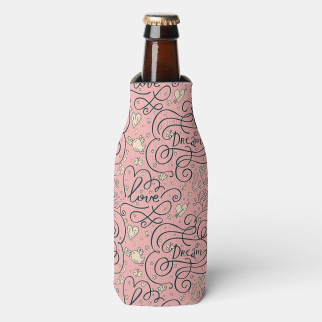 Romantic Pattern with Hearts and Birds Bottle Cooler (Bottle Front)