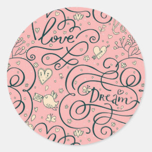 Romantic Pattern with Hearts and Birds Classic Round Sticker