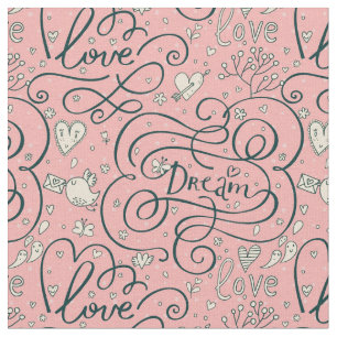 Romantic Pattern with Hearts and Birds Fabric