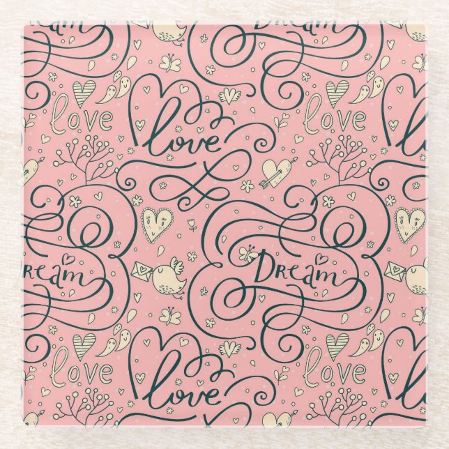 Romantic Pattern with Hearts and Birds Glass Coaster (Front)