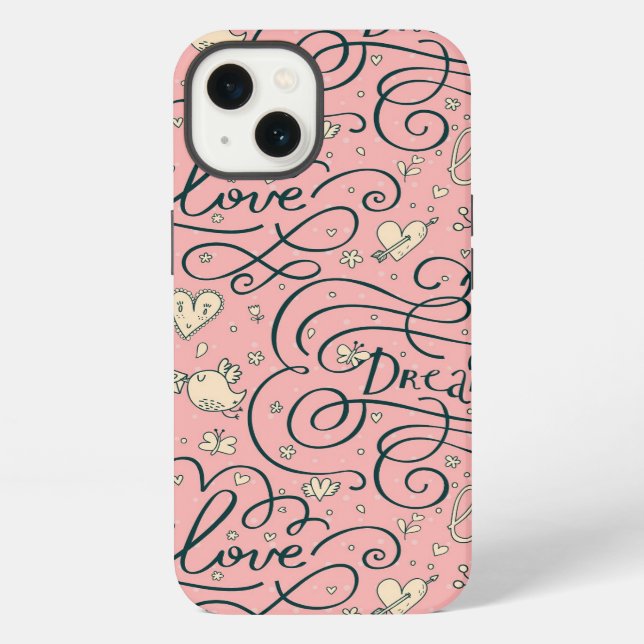 Romantic Pattern with Hearts and Birds iPhone Case (Back)