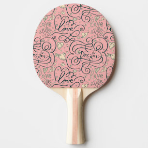Romantic Pattern with Hearts and Birds Ping Pong Paddle