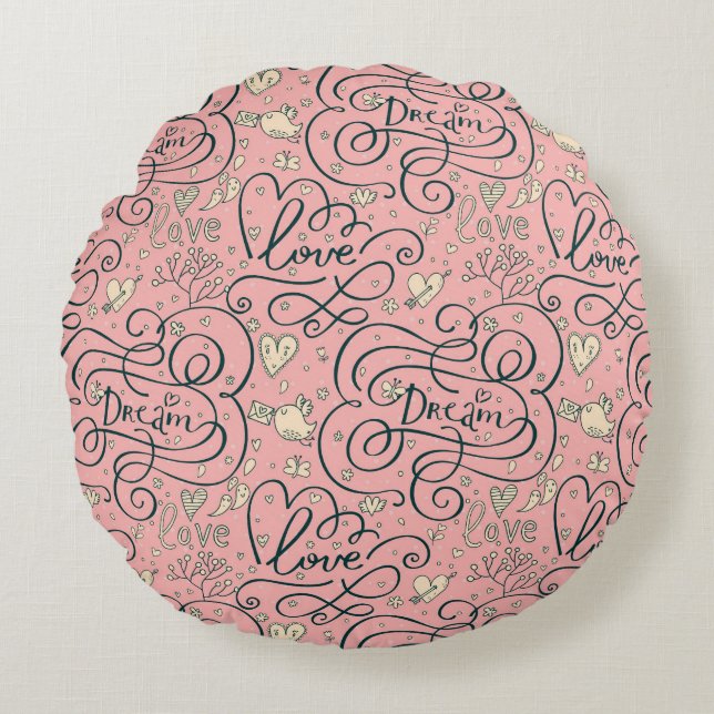 Romantic Pattern with Hearts and Birds Round Cushion (Front)
