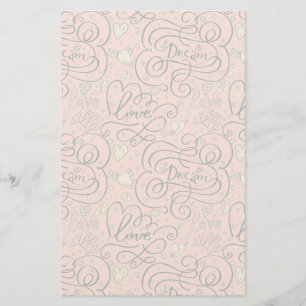 Romantic Pattern with Hearts and Birds Stationery