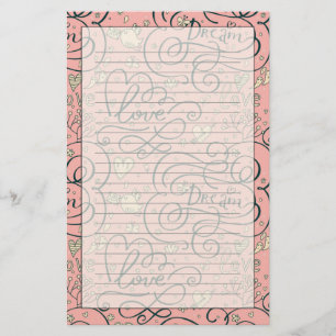 Romantic Pattern with Hearts and Birds Stationery