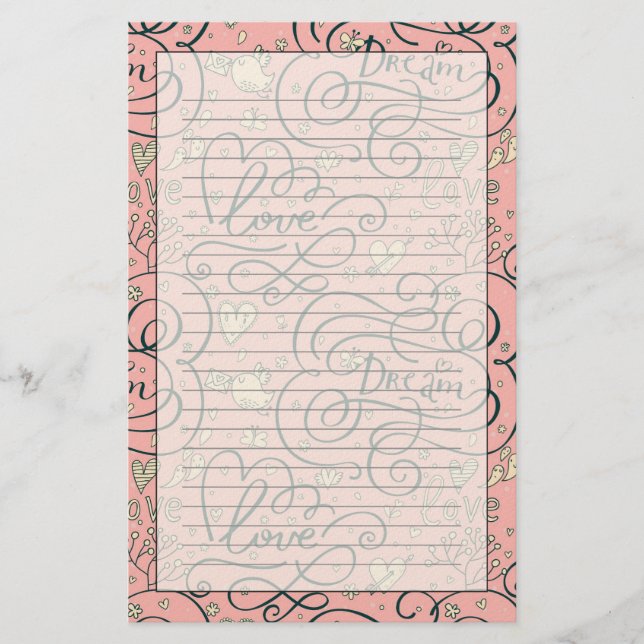Romantic Pattern with Hearts and Birds Stationery (Front)