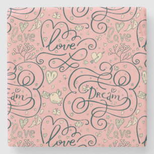 Romantic Pattern with Hearts and Birds Stone Coaster