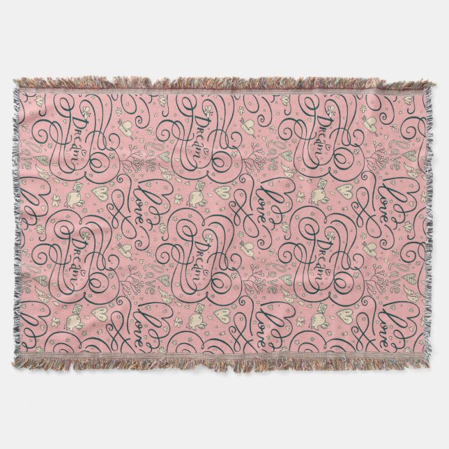 Romantic Pattern with Hearts and Birds Throw Blanket (Front)