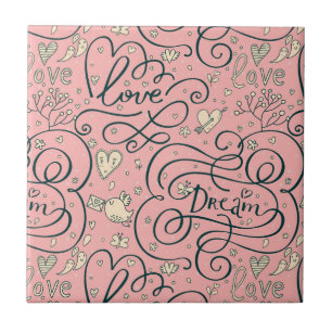 Romantic Pattern with Hearts and Birds Tile