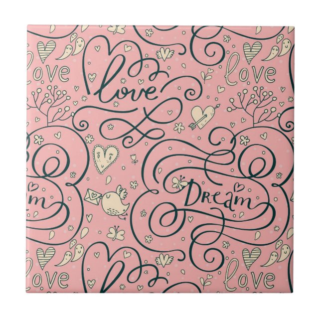 Romantic Pattern with Hearts and Birds Tile (Front)