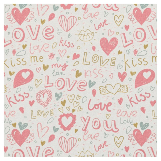 Romantic Pattern with Hearts and Lips Fabric (Close Up)