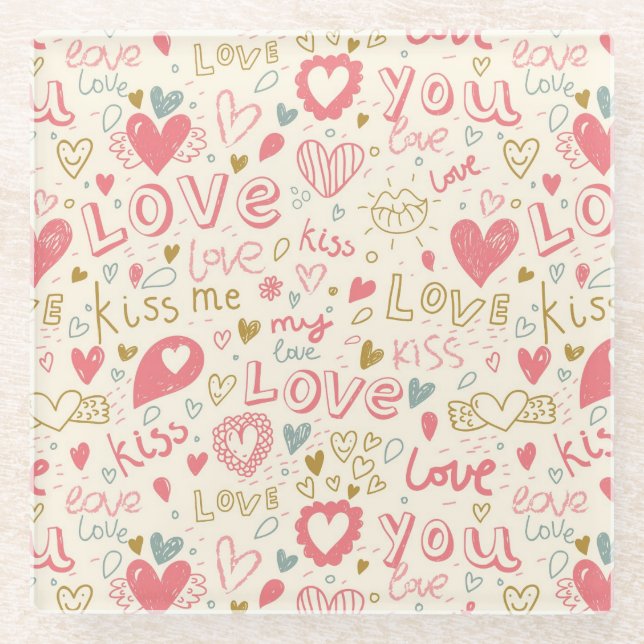 Romantic Pattern with Hearts and Lips Glass Coaster (Front)