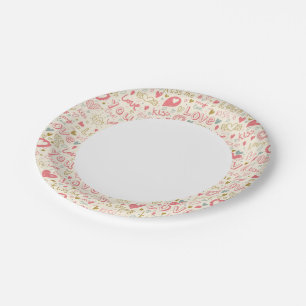Romantic Pattern with Hearts and Lips Paper Plate