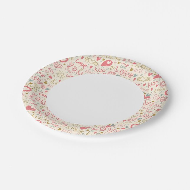 Romantic Pattern with Hearts and Lips Paper Plate (Angled)