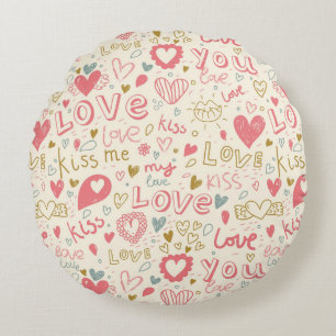 Romantic Pattern with Hearts and Lips Round Cushion