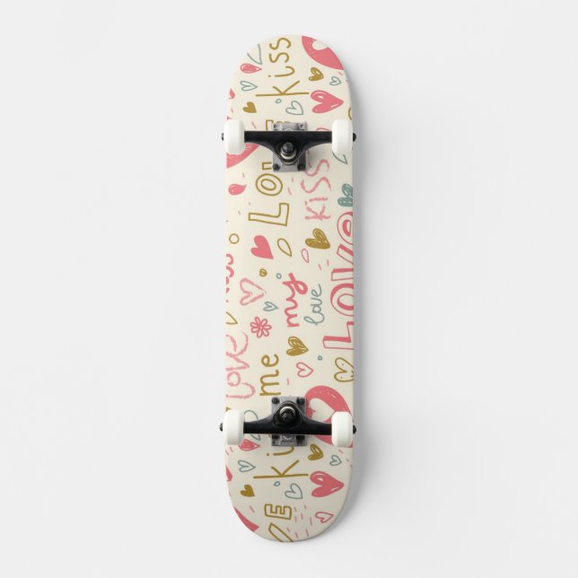 Romantic Pattern with Hearts and Lips Skateboard (Front)