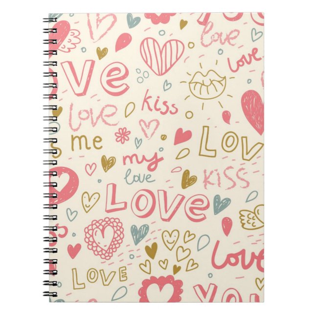 Romantic Pattern with Hearts and Lips Spiral Notebook (Front)