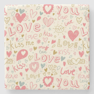 Romantic Pattern with Hearts and Lips Stone Coaster