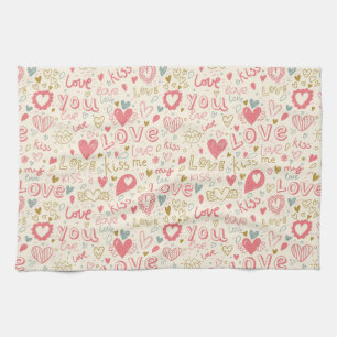 Romantic Pattern with Hearts and Lips Tea Towel