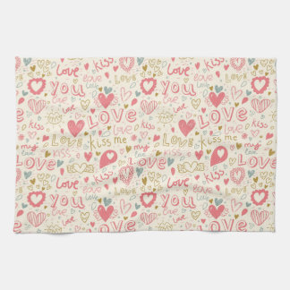 Romantic Pattern with Hearts and Lips Tea Towel
