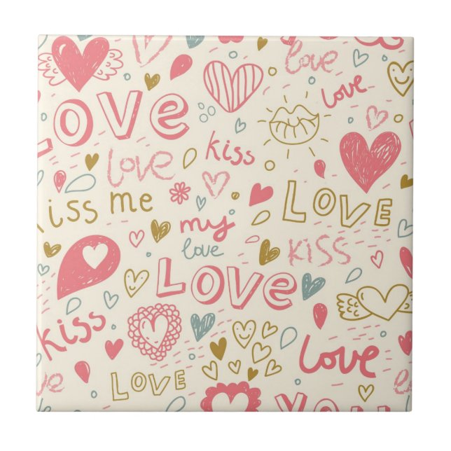 Romantic Pattern with Hearts and Lips Tile (Front)