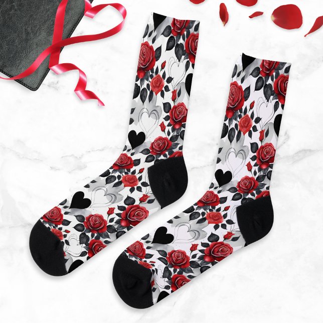 Romantic Patterned Red Roses and Black Hearts Socks (Romantic themed socks for Valentine's Day, with a pattern of red roses and black hearts)