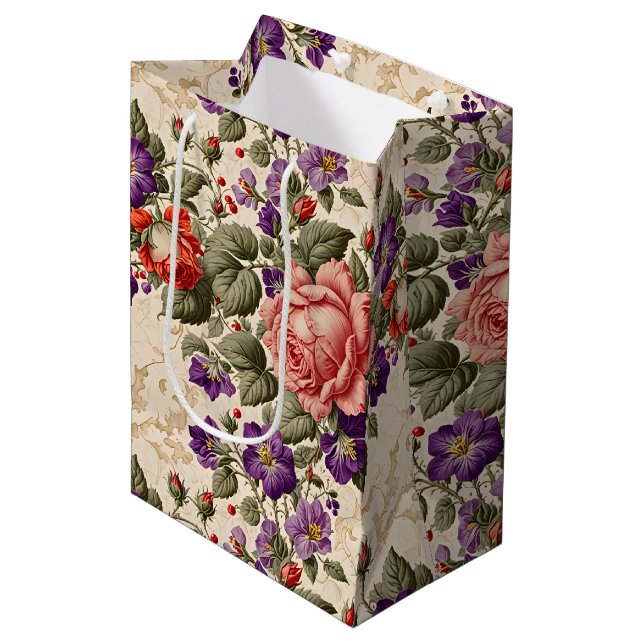 Romantic Peach and Coral Roses Medium Gift Bag (Front Angled)